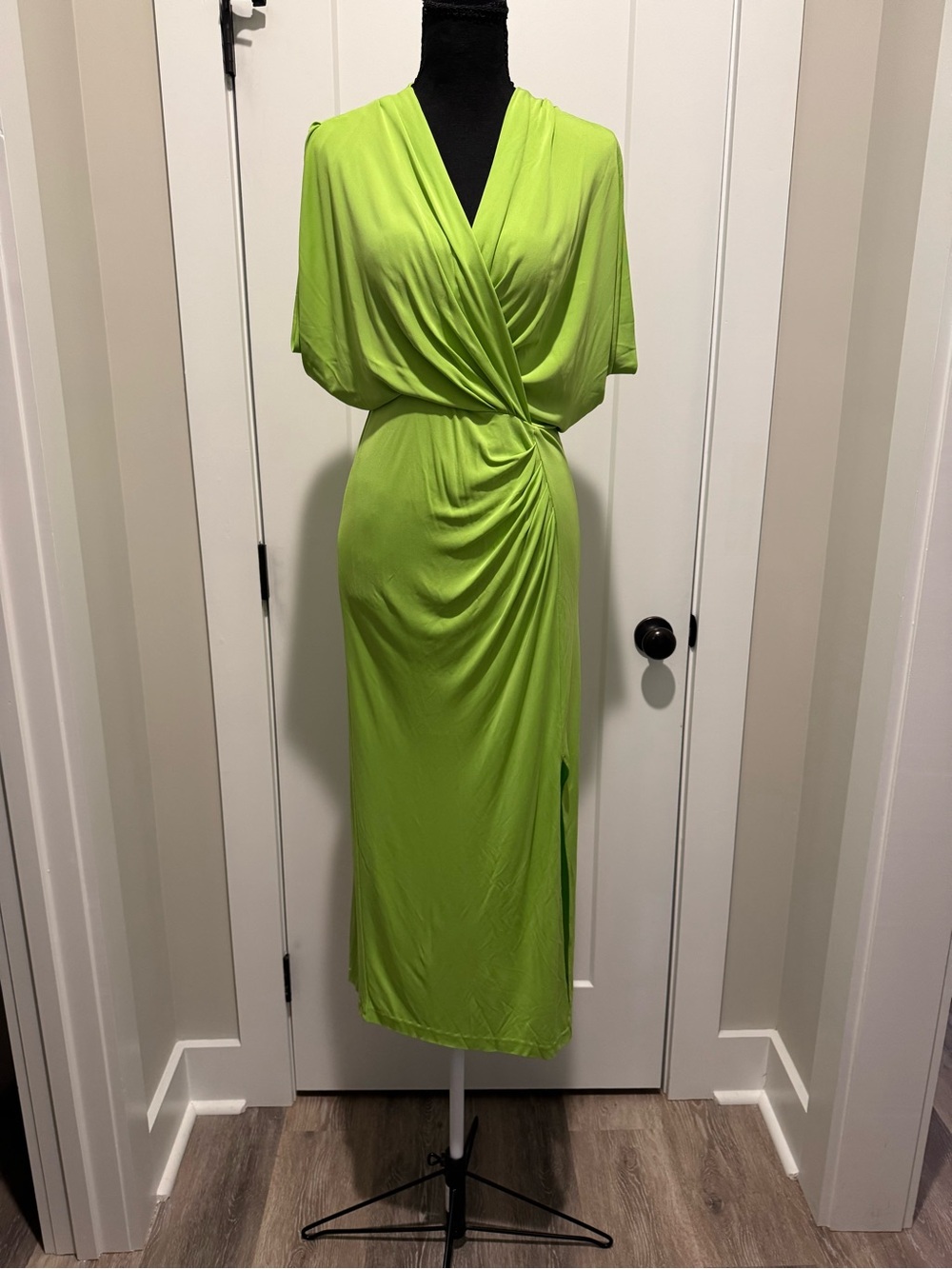 Diane Von Furstenberg Neon Lime Draped Wrap Midi Dress